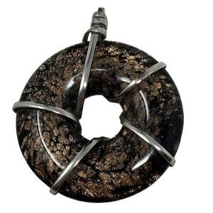 Glass Pendant Brown Black Sparkle Silver Tone‎ Wrapped Necklace